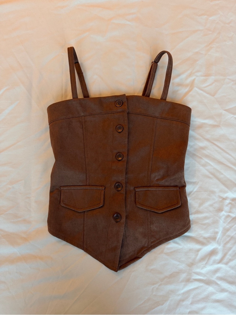 Brown Button-Front Suede Corset Top